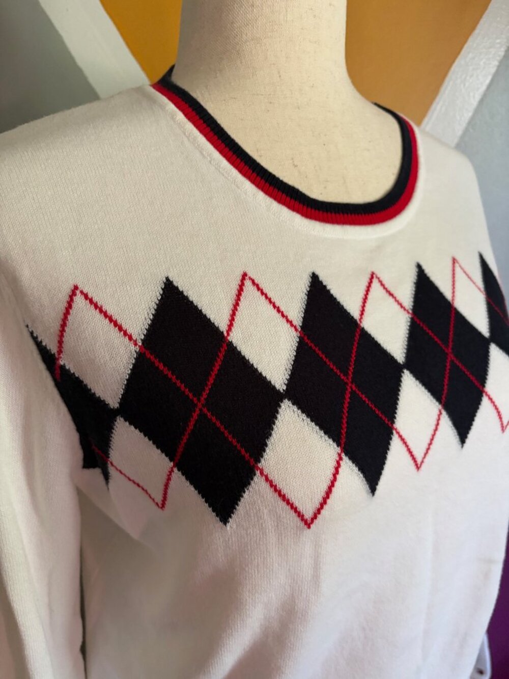 Tommy Hilfiger White Argyle Sweater Women’s Size L Cotton Lightweight